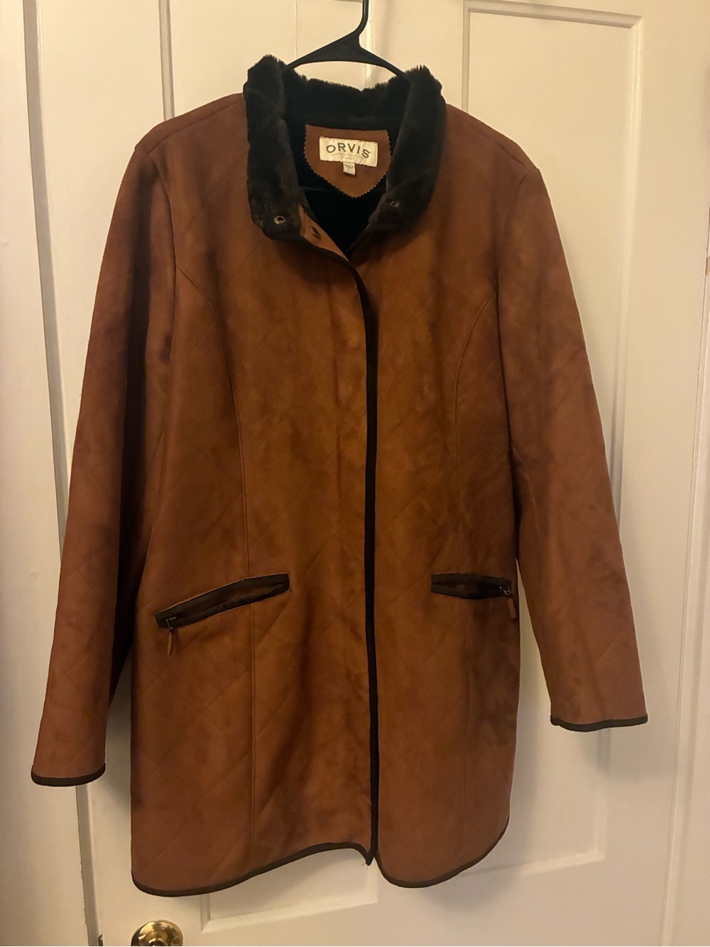 Orvis Brown Suede-Look Trench Coat with Faux Fur Collar